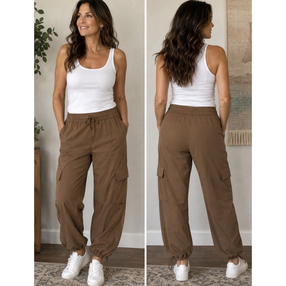 JoyLab Women's Cinch Hem Woven Cargo Pants High Rise Casual Fit M Brown